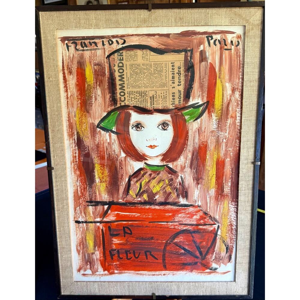 Francois Paris Original Mixed Media Newspaper Painting Big Eye Girl - La Fleur